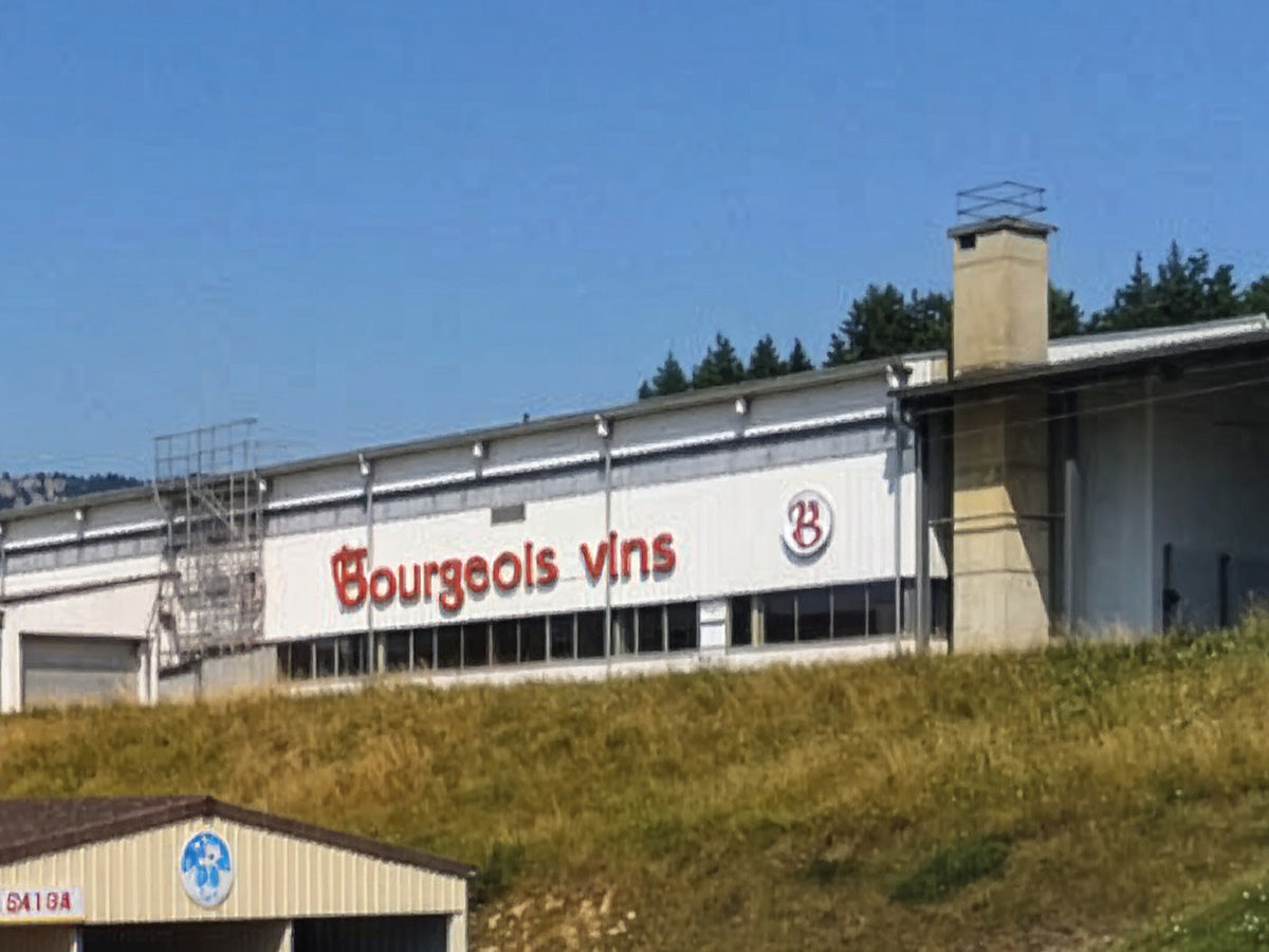 Bâtiment industriel de la Cave Bourgeois vins, avec une enseigne rouge 'Bourgeois vins' et un logo sur la façade, entouré d'une zone herbeuse.