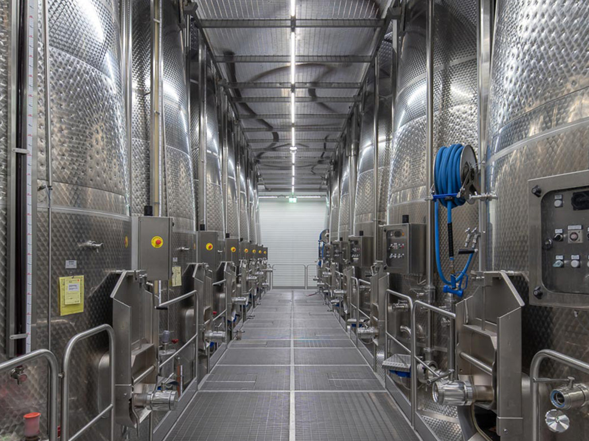Intérieur moderne d'une cave vinicole avec une rangée de grandes cuves en acier inoxydable, équipées de vannes et de tuyaux, dans un espace propre et bien éclairé.