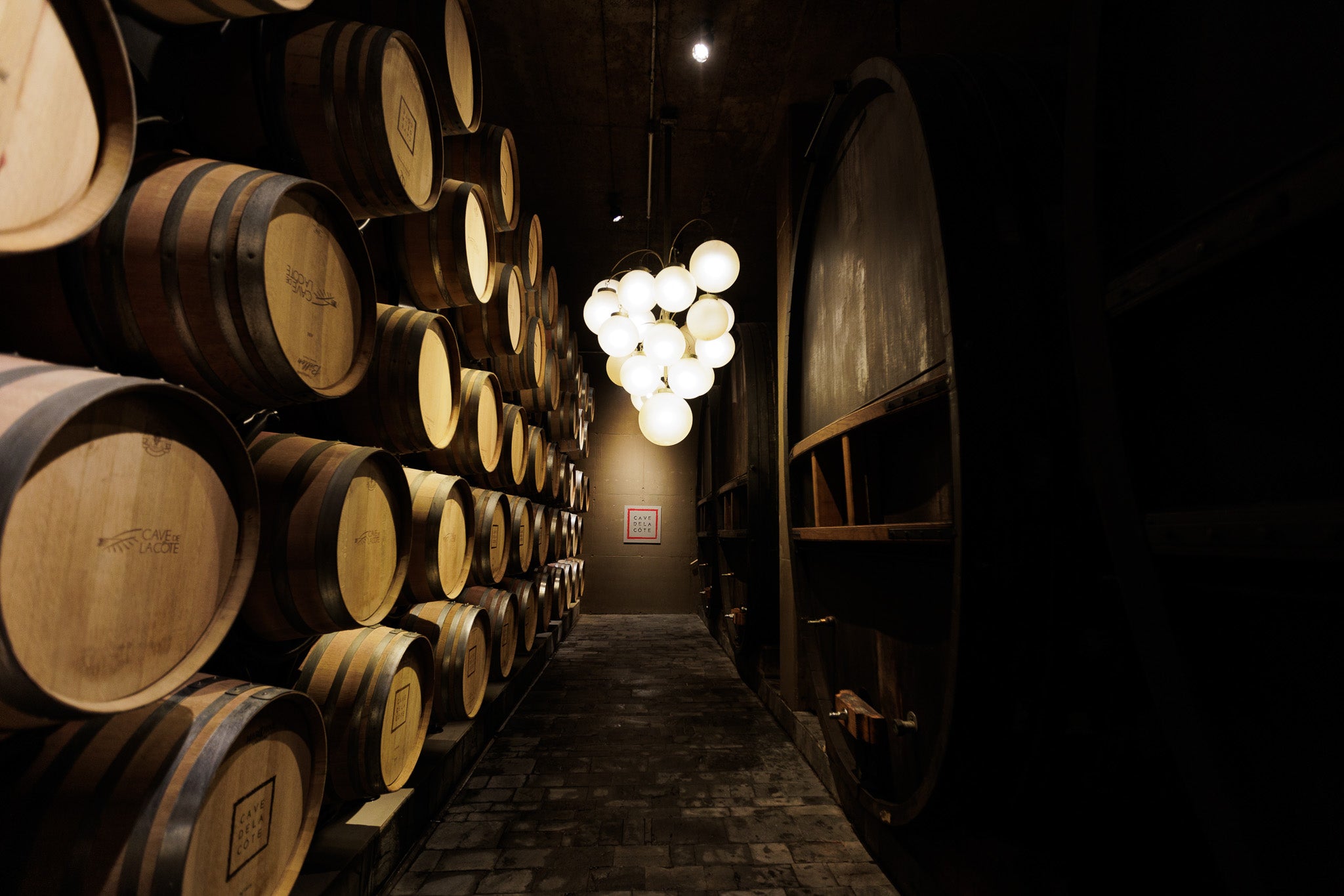 Rangées de barriques en bois dans un chai sombre, éclairées par une suspension composée de globes lumineux.