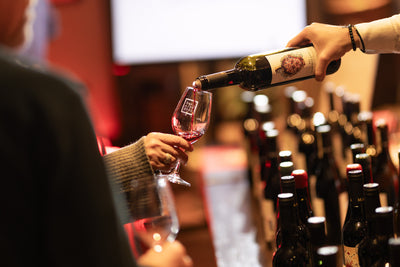 Service d’un vin rouge dans un verre lors d’une dégustation, devant une sélection de bouteilles.