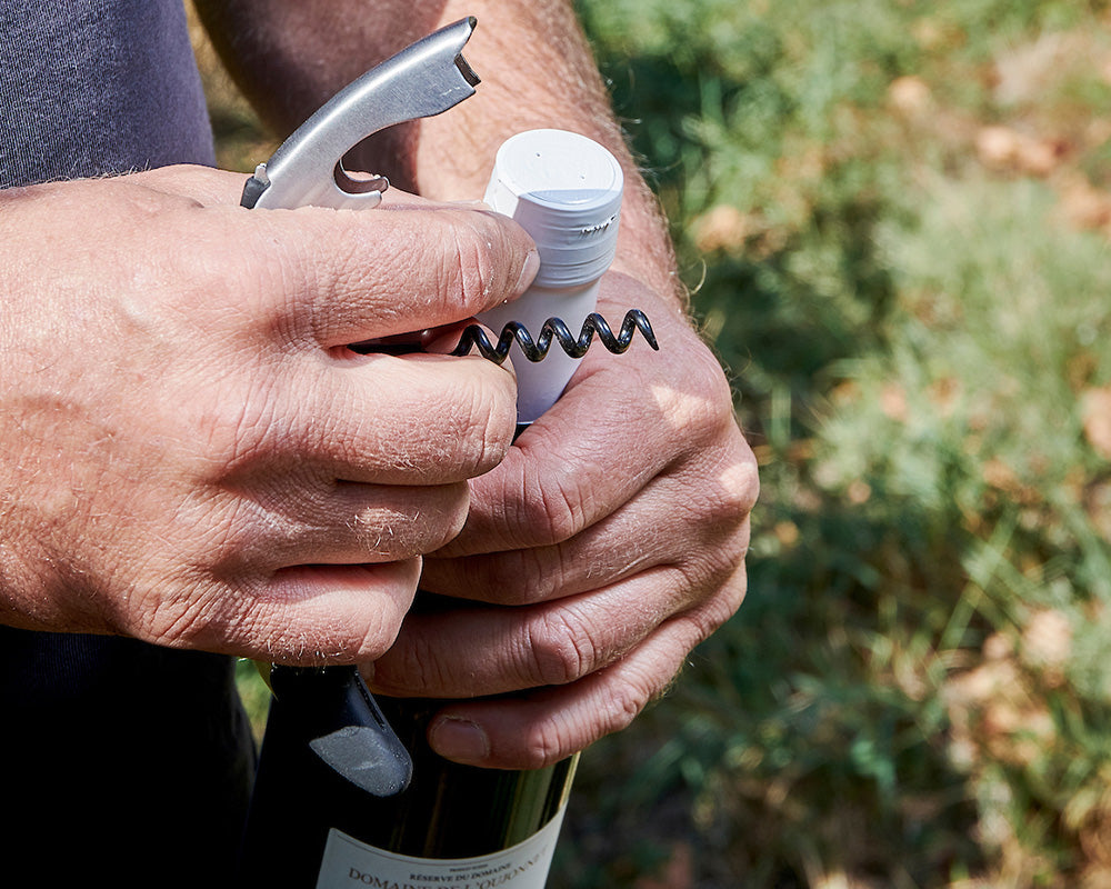 Mains tenant une bouteille de vin dont la capsule est en train d'être retirée avec un tire-bouchon, dans un environnement extérieur verdoyant.